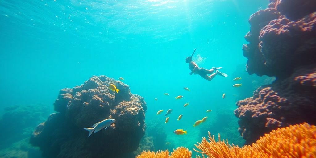 Snorkeler swimming with colorful fish in clear Sea of Cortez waters.