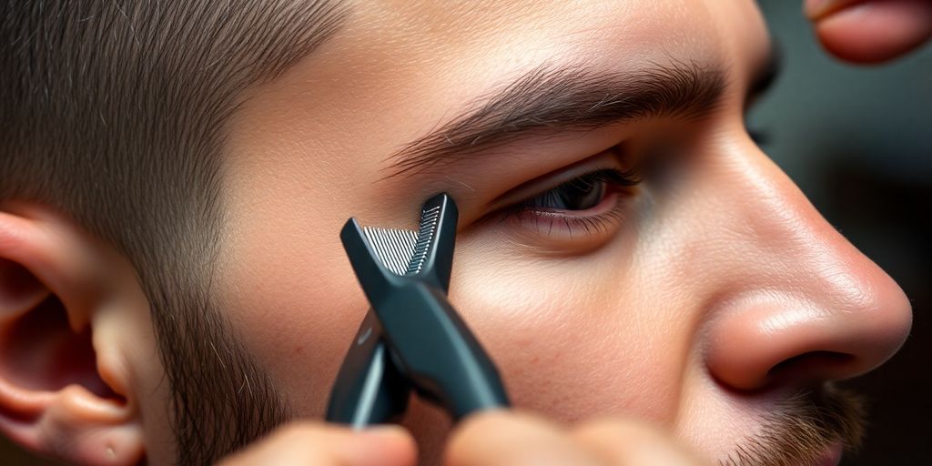 Barber meticulously trimming client's sideburns.