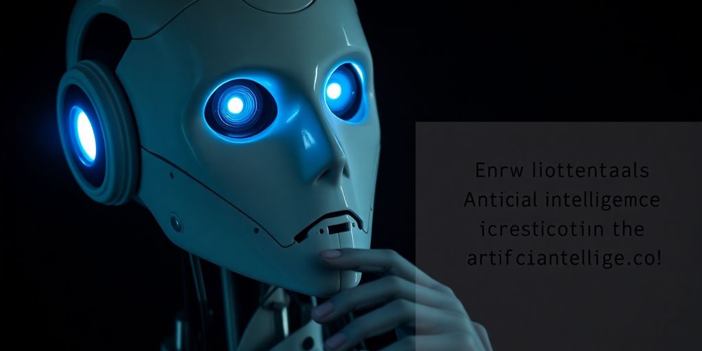 Humanoid robot with glowing eyes in dark setting.