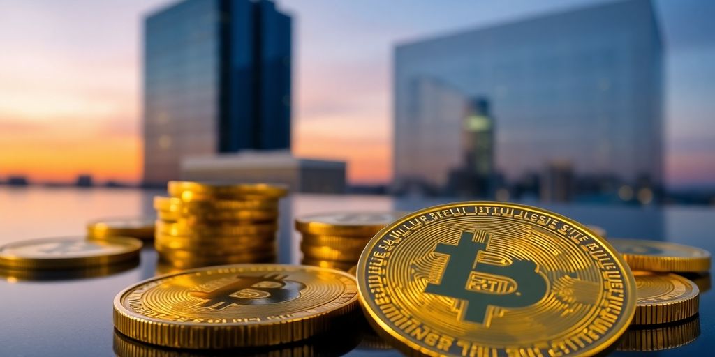 Gleaming golden cryptocurrency coin in focus against a twilight skyline