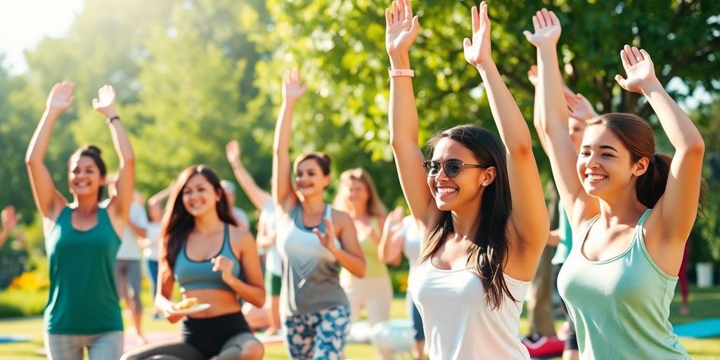 People enjoying wellness activities like yoga and healthy eating.
