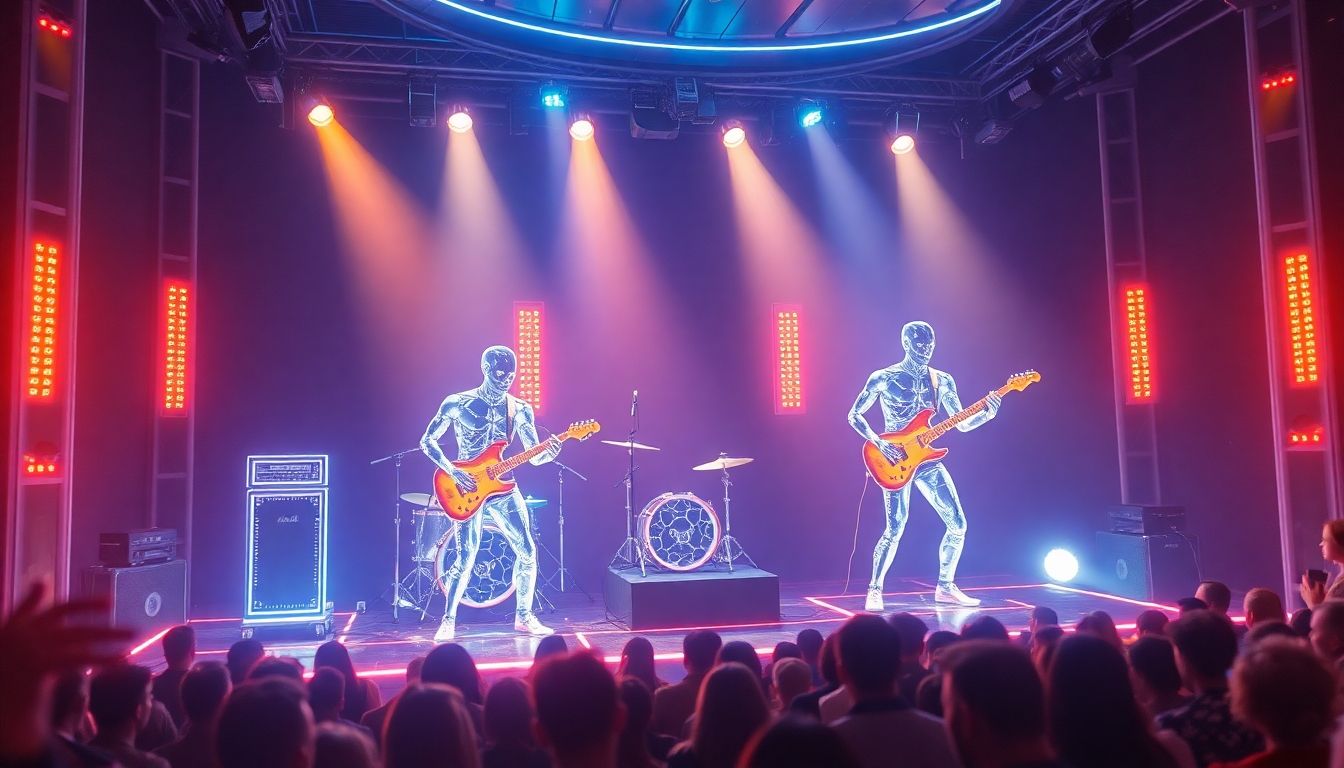AI band performing on a futuristic stage.