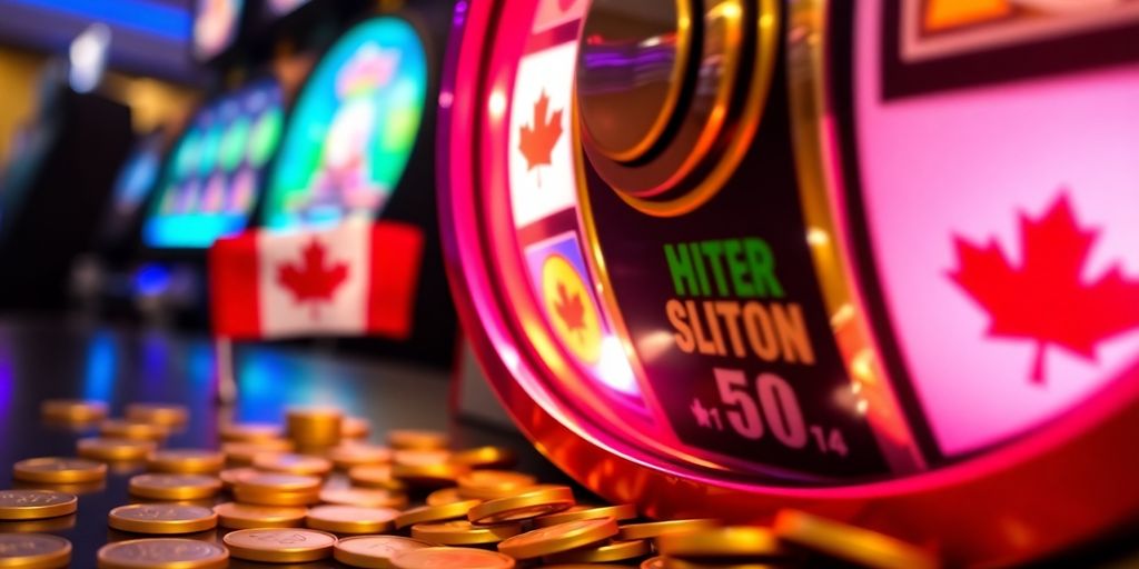 Spinning slot reels, Canadian flag, golden coins scattered.