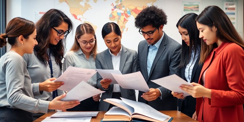 Diverse professionals collaborating on certified document translation.