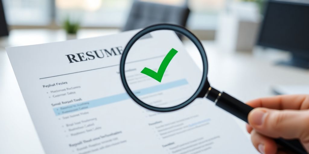 Magnifying glass over a resume; green checkmark.