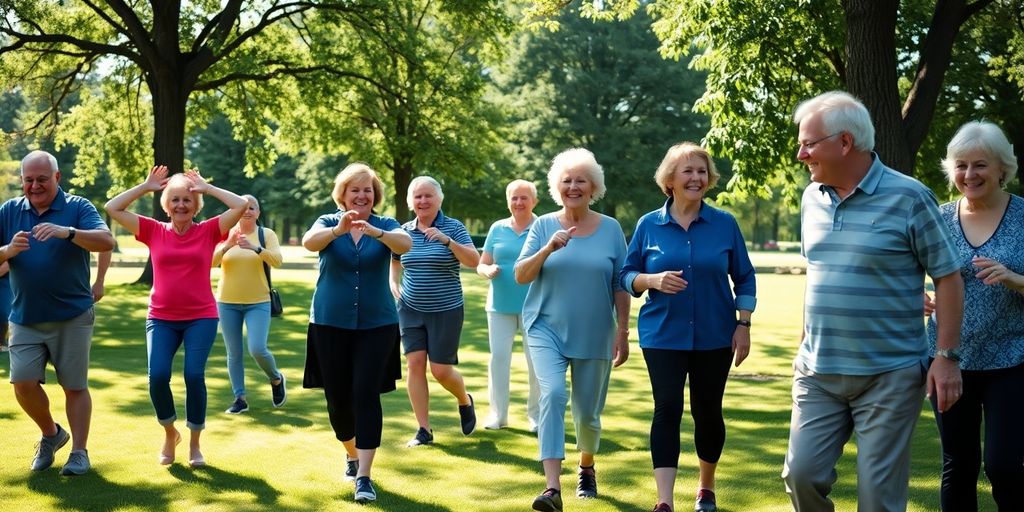 Seniors exercising with friends outdoors.