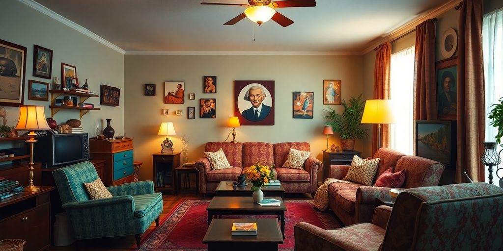 Gezellige vintage woonkamer met retro meubels en decor.
