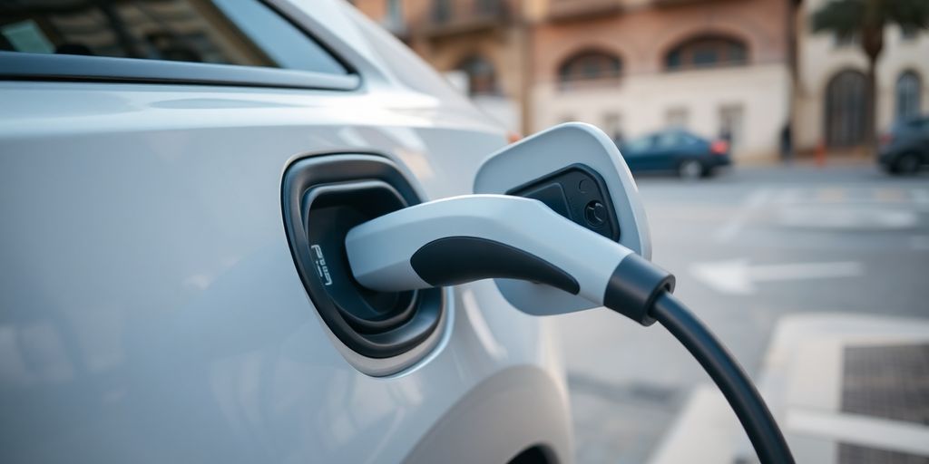 Electric car charging on a city street.