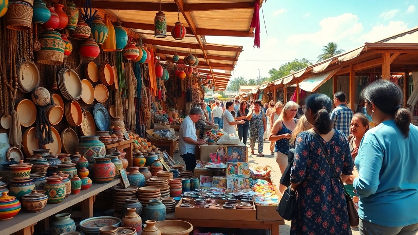 Artizani locali la un târg cu produse colorate.