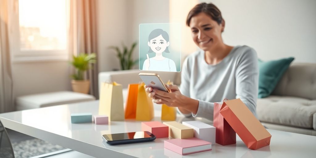 Digitalni hologram asistenta iznad mobilnog telefona i kupac sa torbom