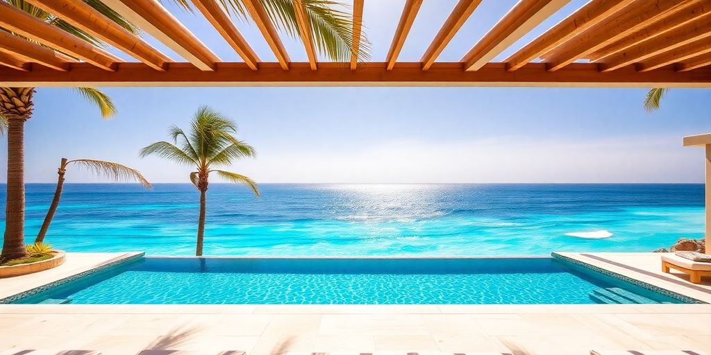 Luxurious beachfront villa with infinity pool overlooking turquoise ocean.