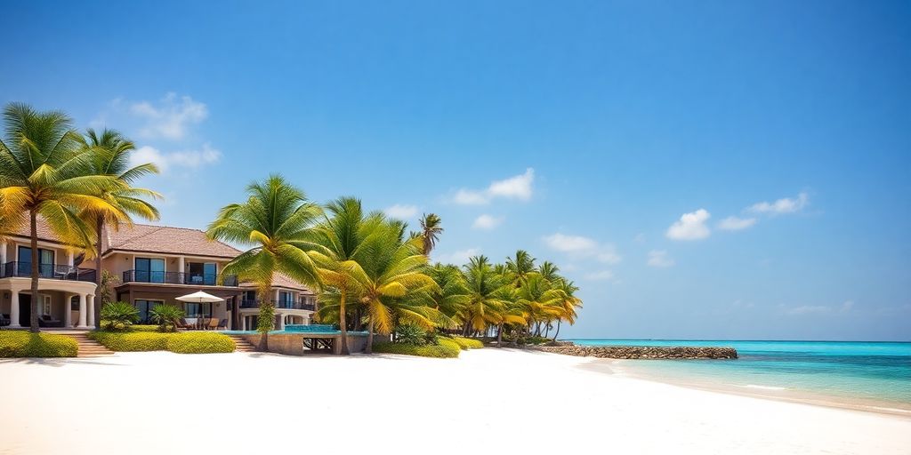 Luxury beach resort, white sands, turquoise water, palm trees.