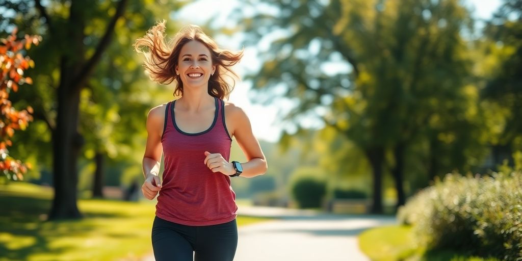 Woman jogging with a smile.