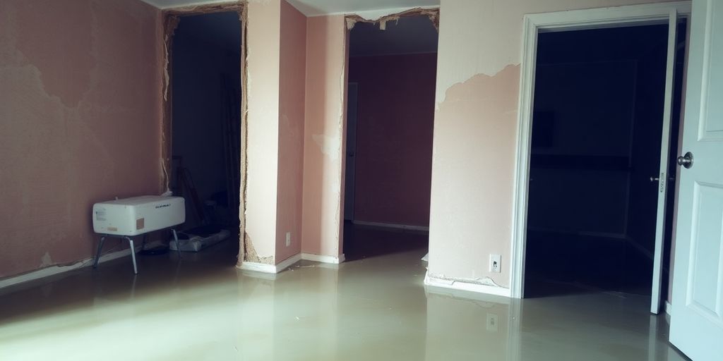Water-damaged interior with standing water and wet drywall.