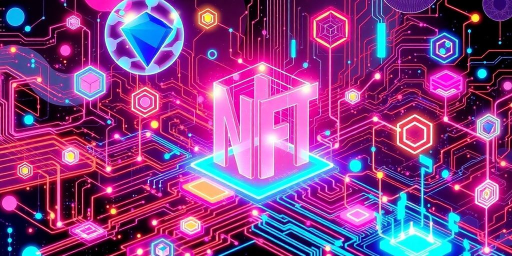 Futuristic digital assets and blockchain elements illustration.