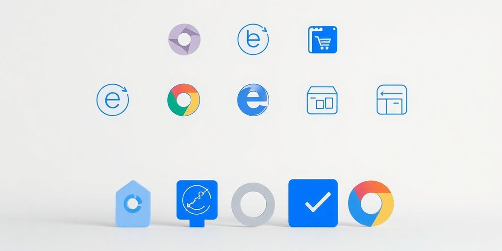 Ikony webových prohlížečů a různé prvky rozhraní.