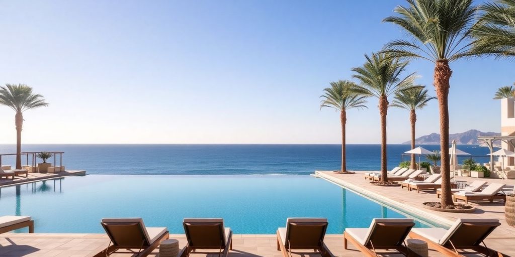 Relaxing poolside at Nobu Hotel Cabo with ocean view.