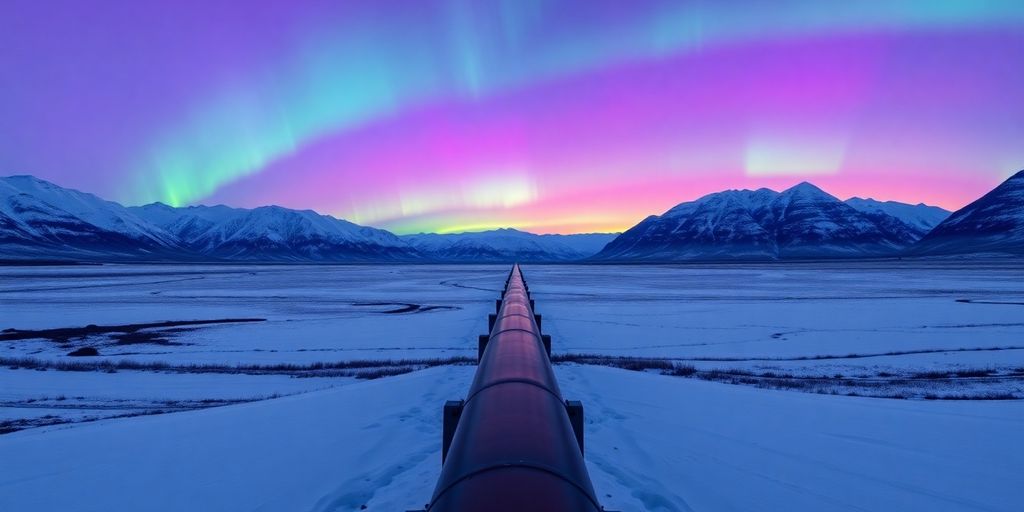 A modern pipeline runs through a snowy Alaskan mountain landscape.