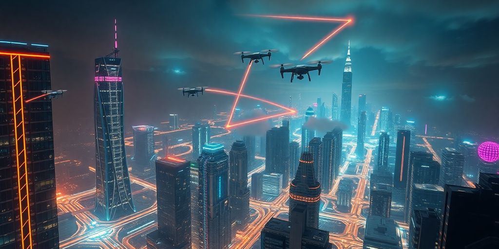 Ville futuriste avec des gratte-ciel lumineux et des drones.