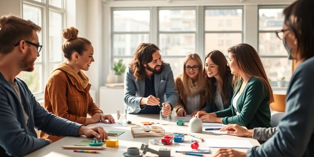Group of diverse innovators collaborating in a bright workspace.