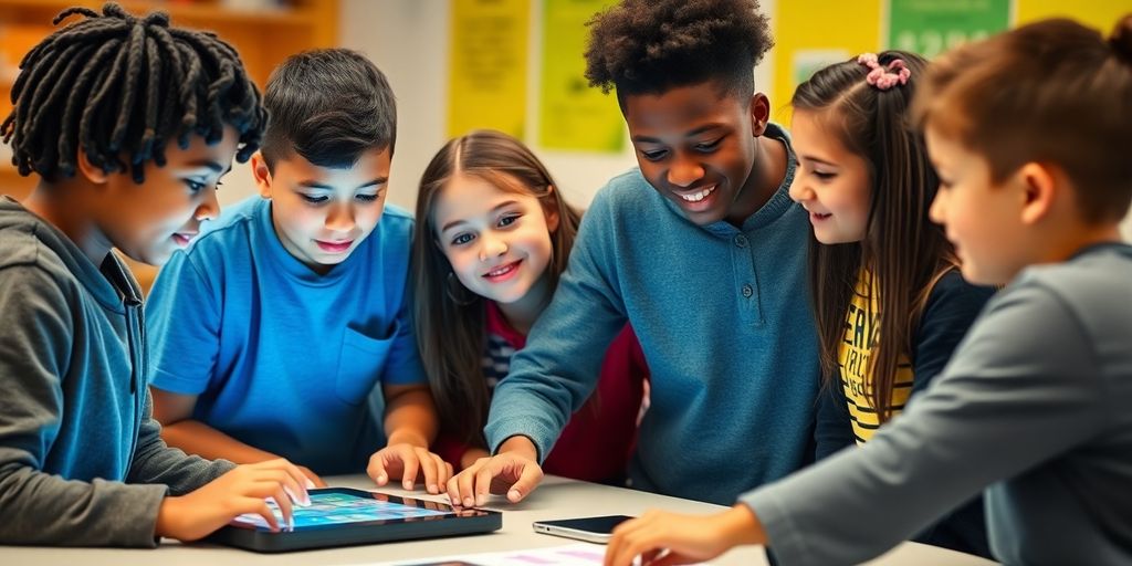 Diverse students collaborating with technology in a classroom.