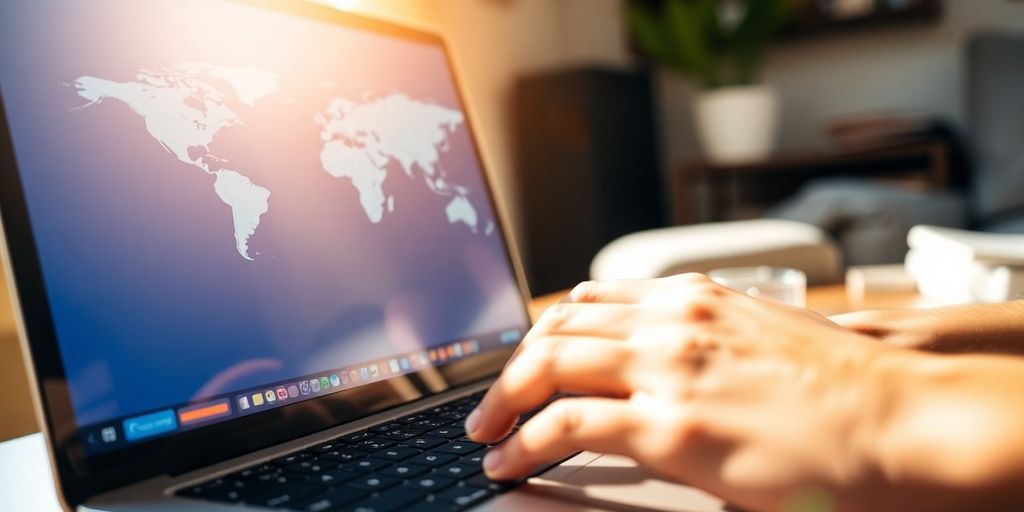 Laptop, world map, person, remote job search