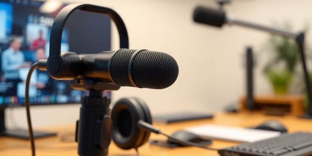 USB microphone in a video conferencing setup, emphasizing high-quality audio for clear communication, with headphones and computer screen in background.