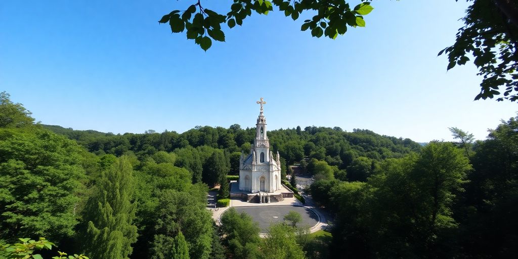 Sanctuaire de Lourdes sans drones, paysage paisible.