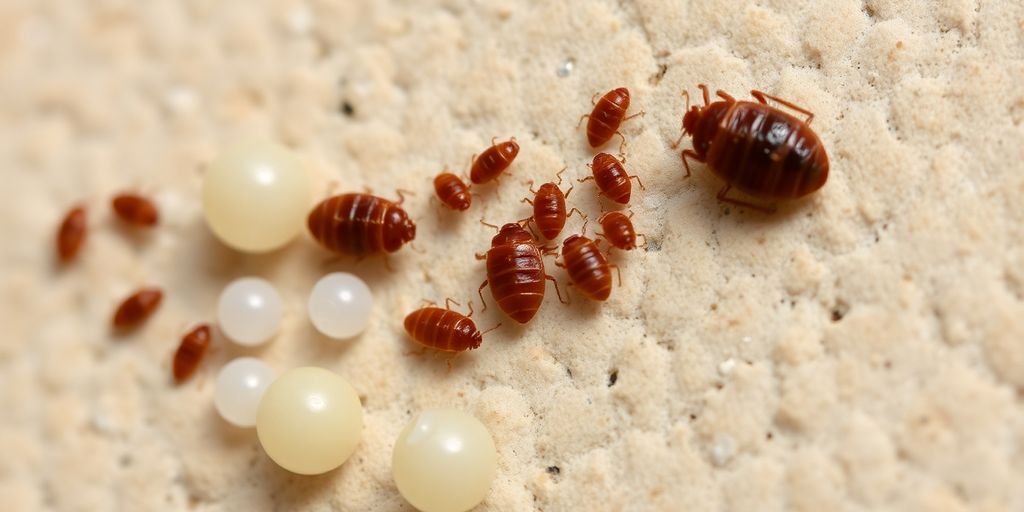 Close-up of bed bugs in different life stages.