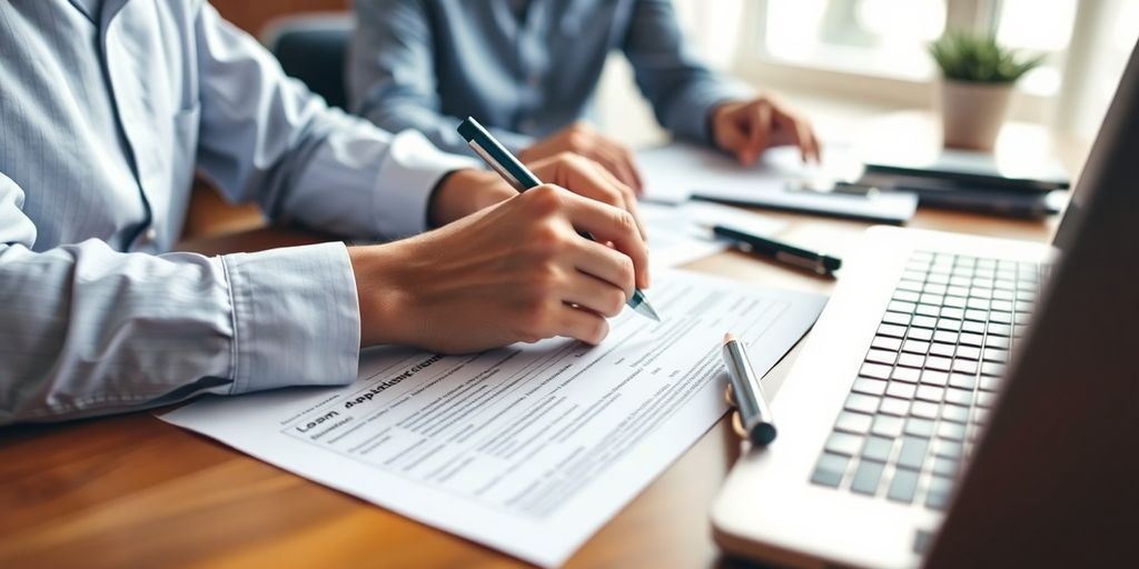 Person completing a loan application at a desk.