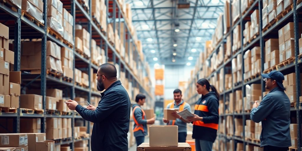 Warehouse workers collaborating in a busy, modern environment.