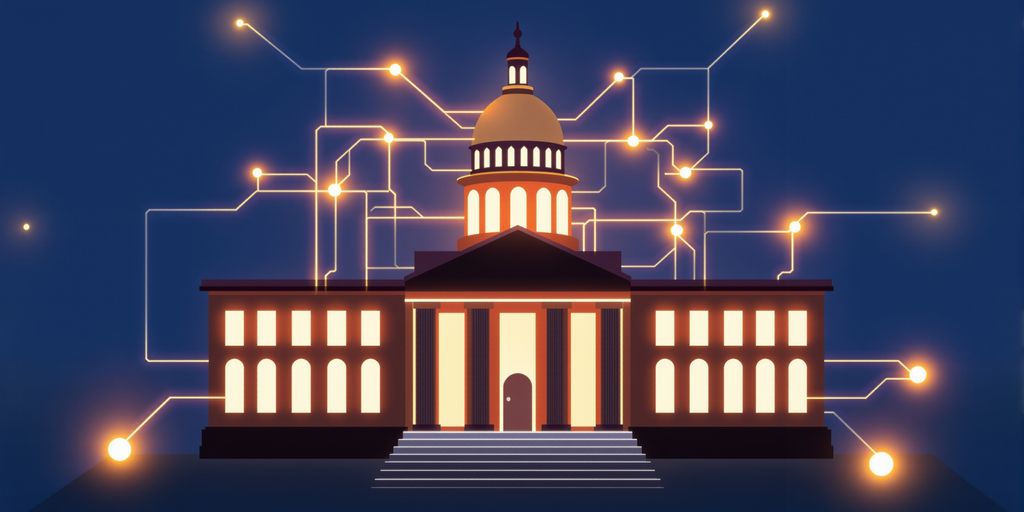 Government building with digital links connecting.