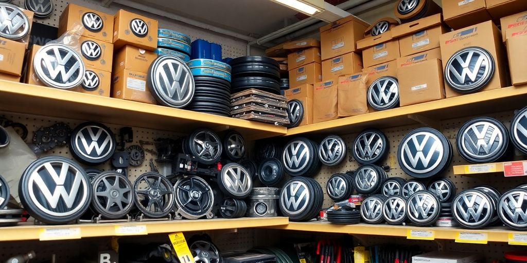 VW car parts displayed on shelves.