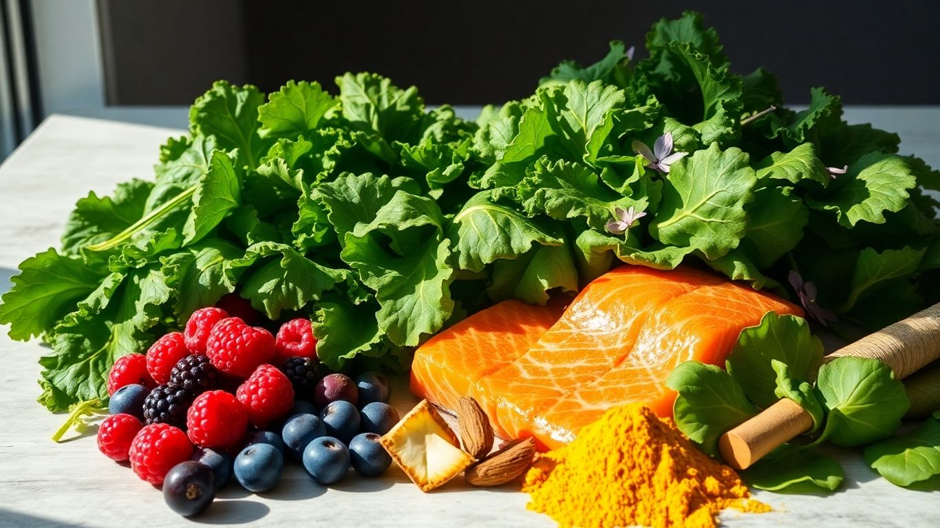 Fresh leafy greens and colorful anti-inflammatory foods arranged attractively.