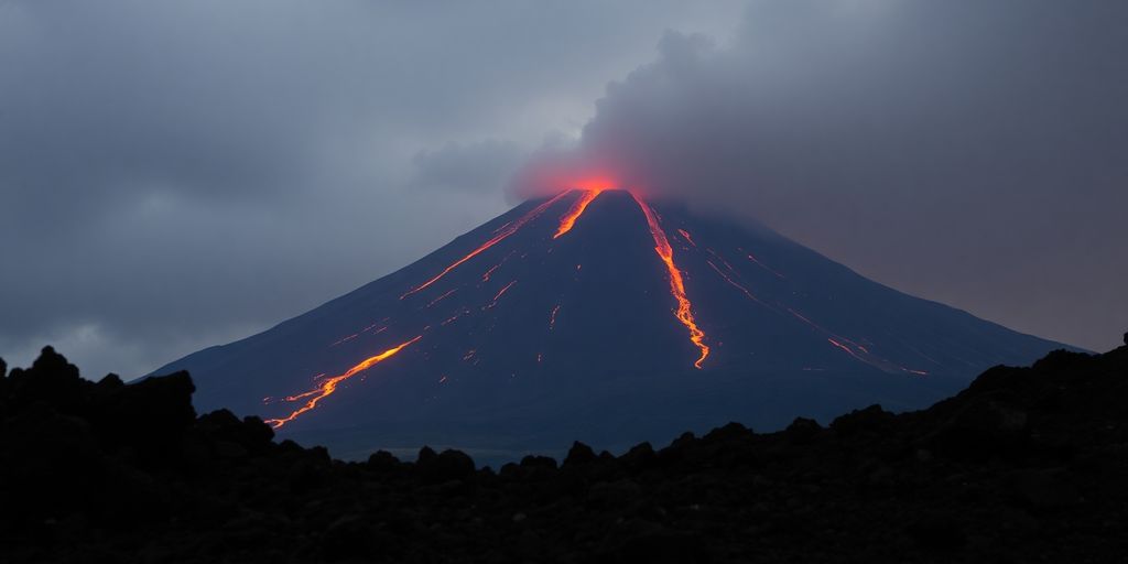 Volcan en éruption, fumée, cendres, ciel sombre nuageux.