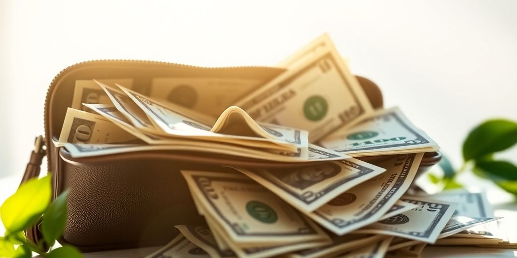 Wallet packed with money, bathed in sunlight.