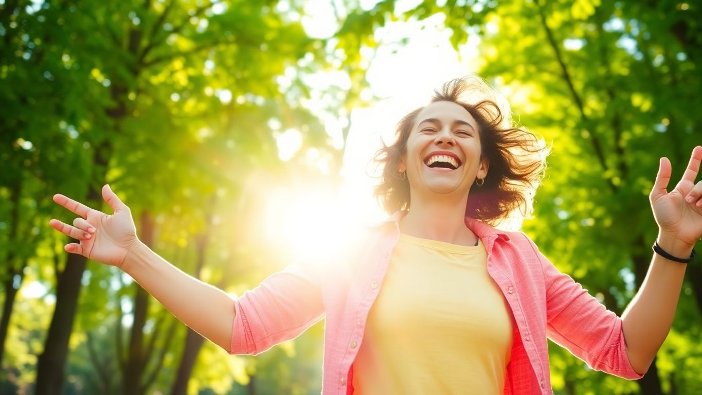 Person outdoors radiating energy and vitality in nature.