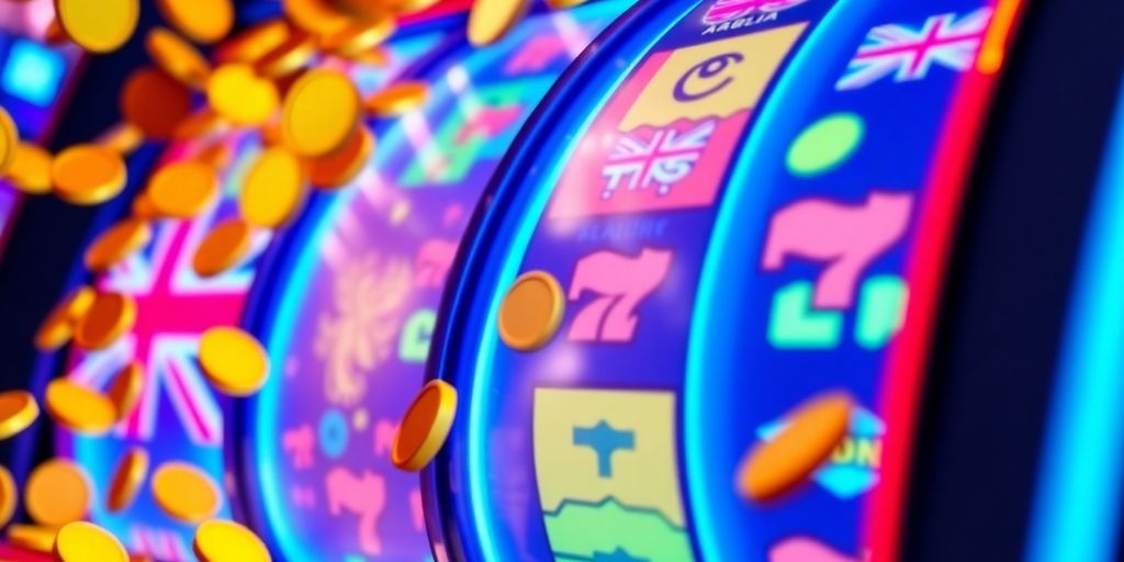 Spinning Australian slot machine reels with gold coins.