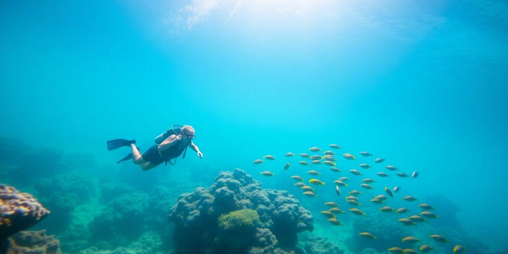 Diver swimming through vibrant coral reef.