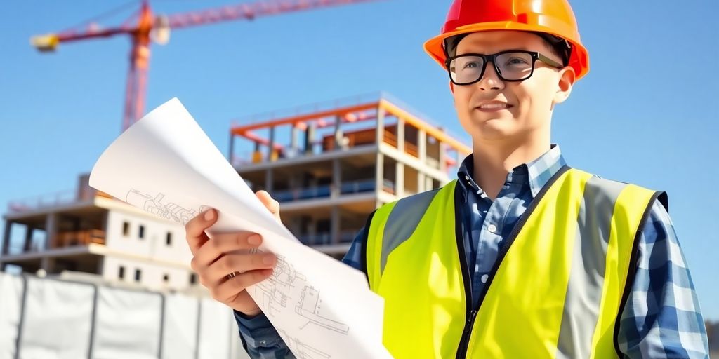 Engineer reviewing architectural blueprints on a construction site.