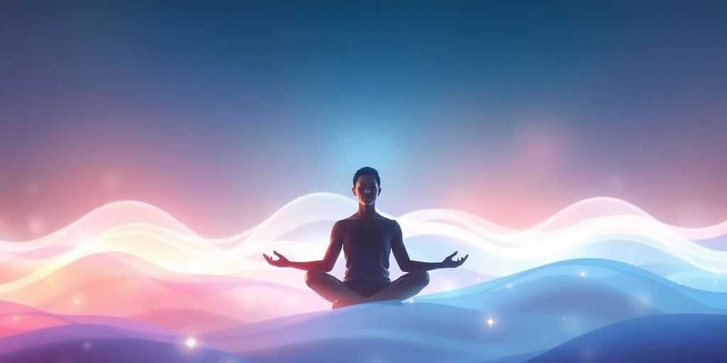 Meditative person surrounded by glowing lights and colors.