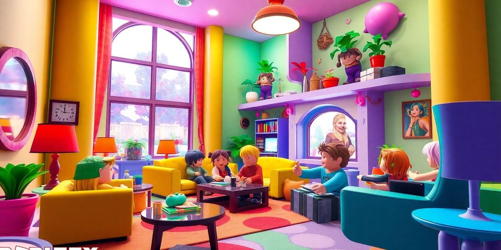 Colorful Roblox condo scene with playful characters.