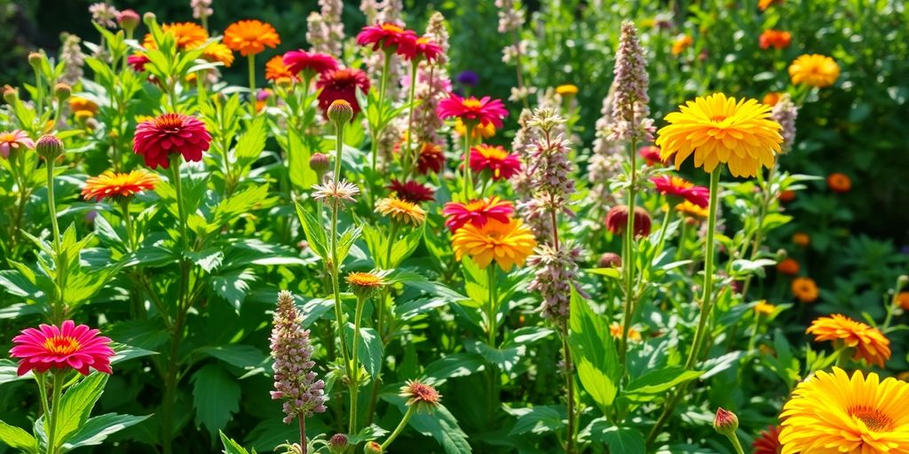 Blühende Blumen und grüne Blätter im Spätsommergarten.