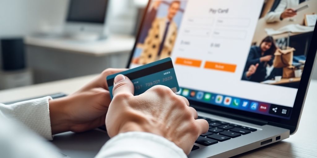 Person holding credit card, interacting with laptop.