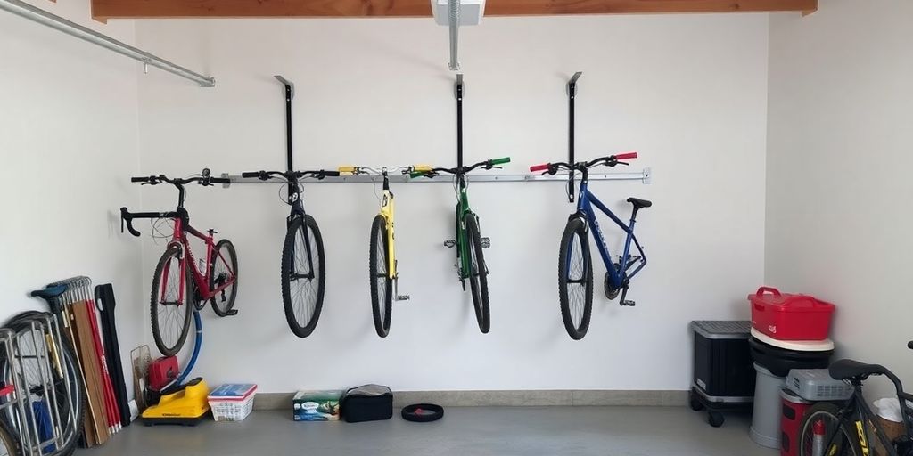 Garage wall with bikes neatly hung on a rack.