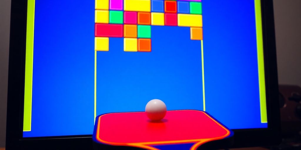 Bright blocks, paddle, ball, digital game screen.