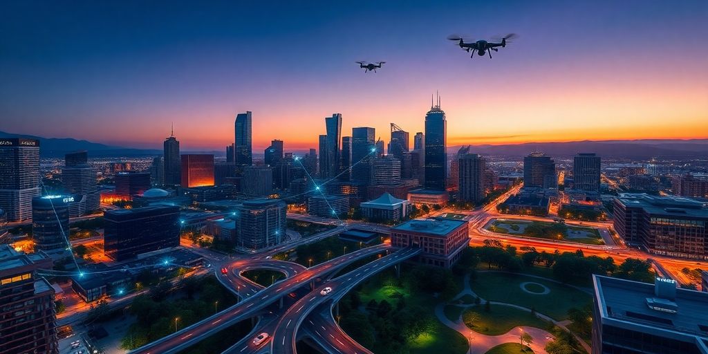 Smart city with glowing network lines and green spaces.