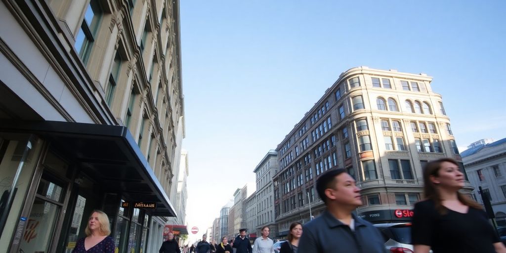 Shaky Wellington city, buildings swaying, people calm.