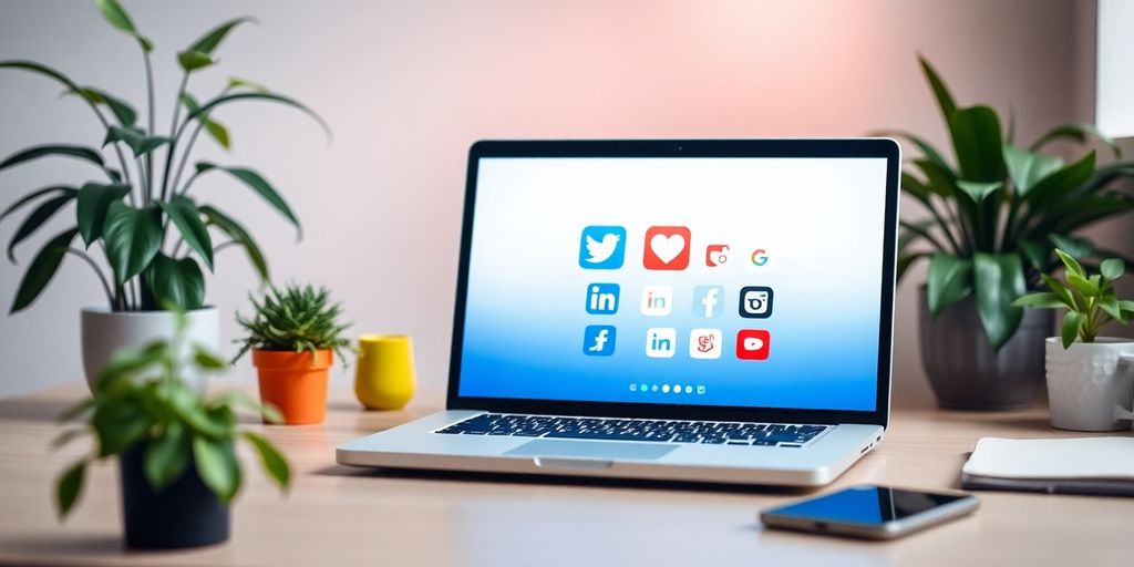 Small business owner managing social media on a laptop.