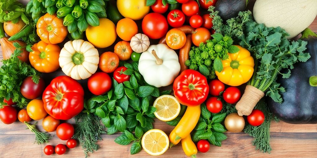 Healthy foods on a wooden table.